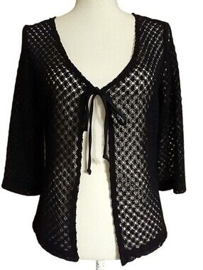 Black Open-Knit Tie-Front Cardigan